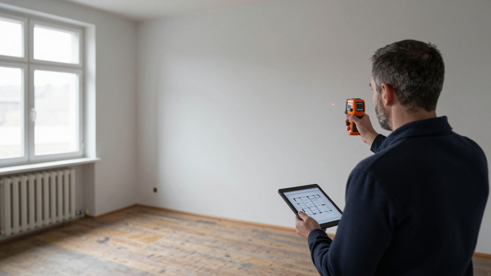 EPC-deskundige neemt metingen op in een leegstaand appartement