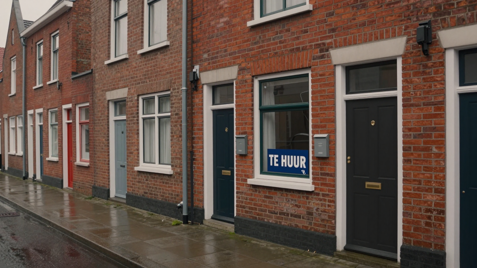 Vlaamse rijwoning met een TE HUUR-bord aan het raam